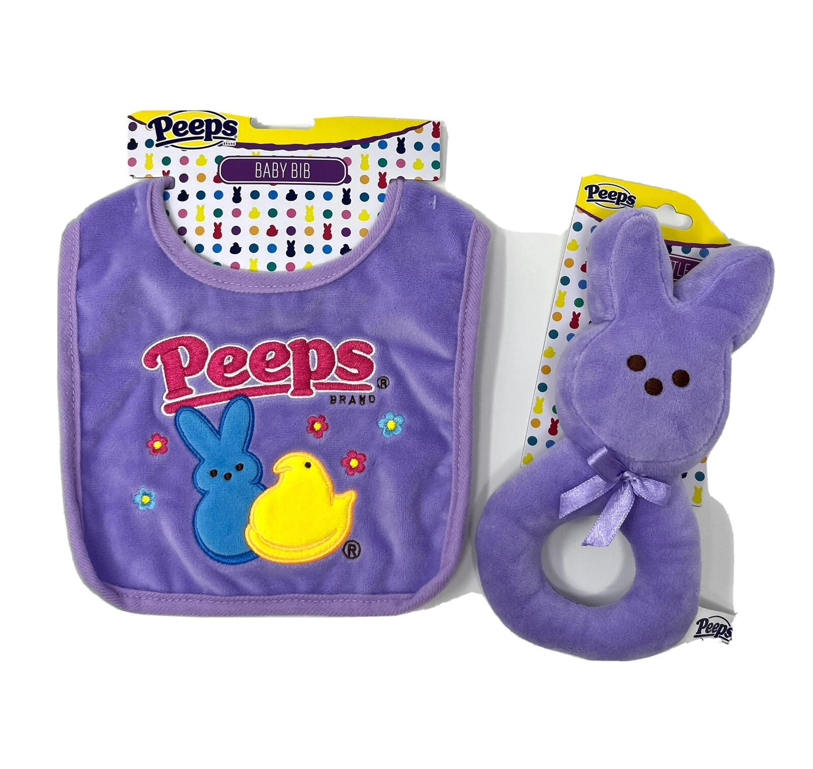 PEEPS BABY PURPLE BUNNY RATTLE + PEEPS BABY BIB- SET OF 2- NEW