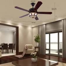52'' Tiffany Ceiling Fan with 3 Lights +Remote Control, Wooden Ceiling Fans