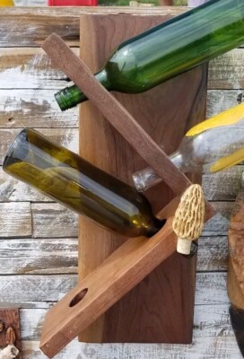 Black Walnut  Wine Rack Holder With Morel Mushroom Accent