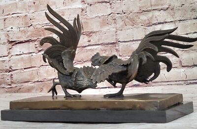 Fighting Roosters Genuine Bronze Handcrafted by Miguel Lopez with Dark Figure