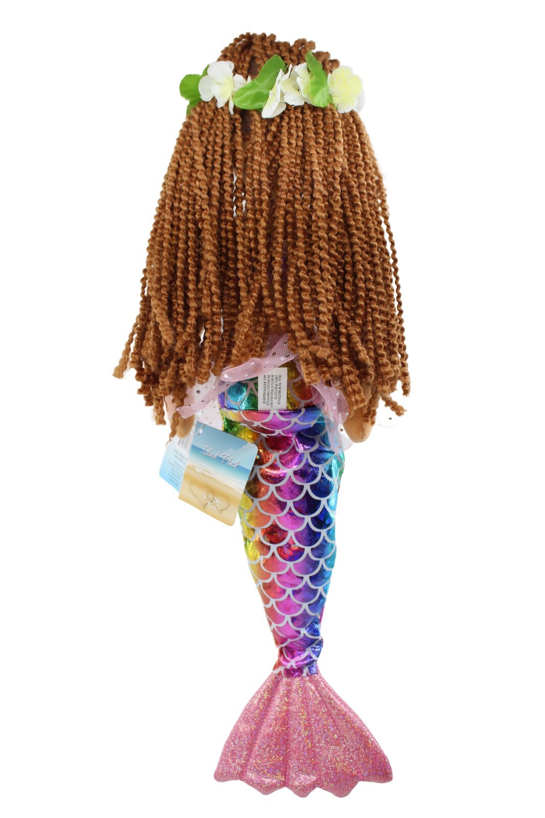Hawaiian Mermaid Plush Doll -18" Tall, Rainbow Mermaid Tail, Haku Lei, Yarn Hair