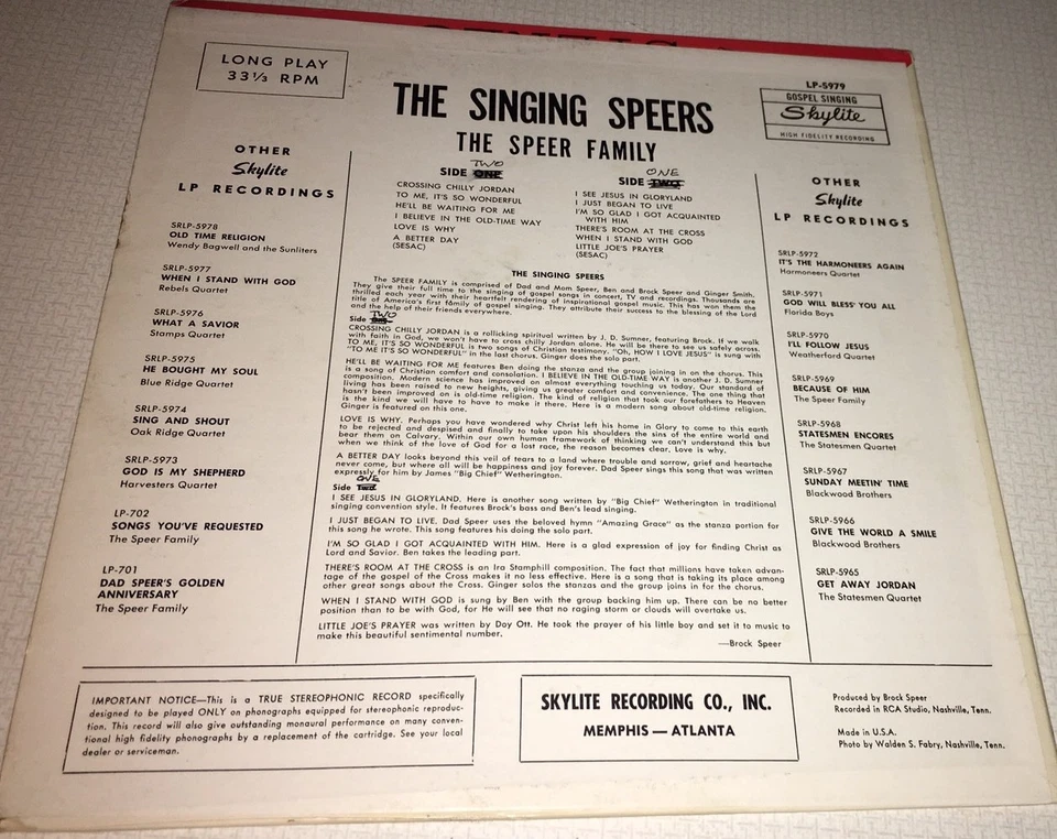 The Singing Speer 12 Songs By Americas First Family Of Gospel Singing Lp 22S22 - Image 2 of 2
