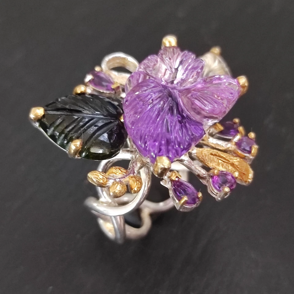 Amethyst Blumen Ring 925 Sterlingsilber Handarbeit geschnitzt Größe 60 R2013 - Bild 3 von 4