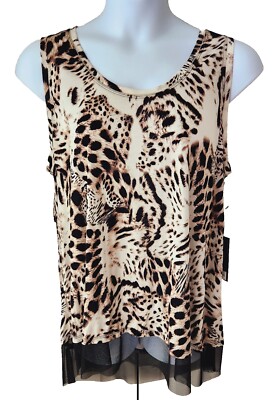 JLO Woman Tunic Plus Size 1X Brown Black Animal Print Top Shirt Sleeveless