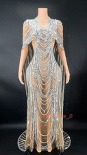 Women Rhinestone See Through Long Trains Dress Singer Stage Wear Costume New