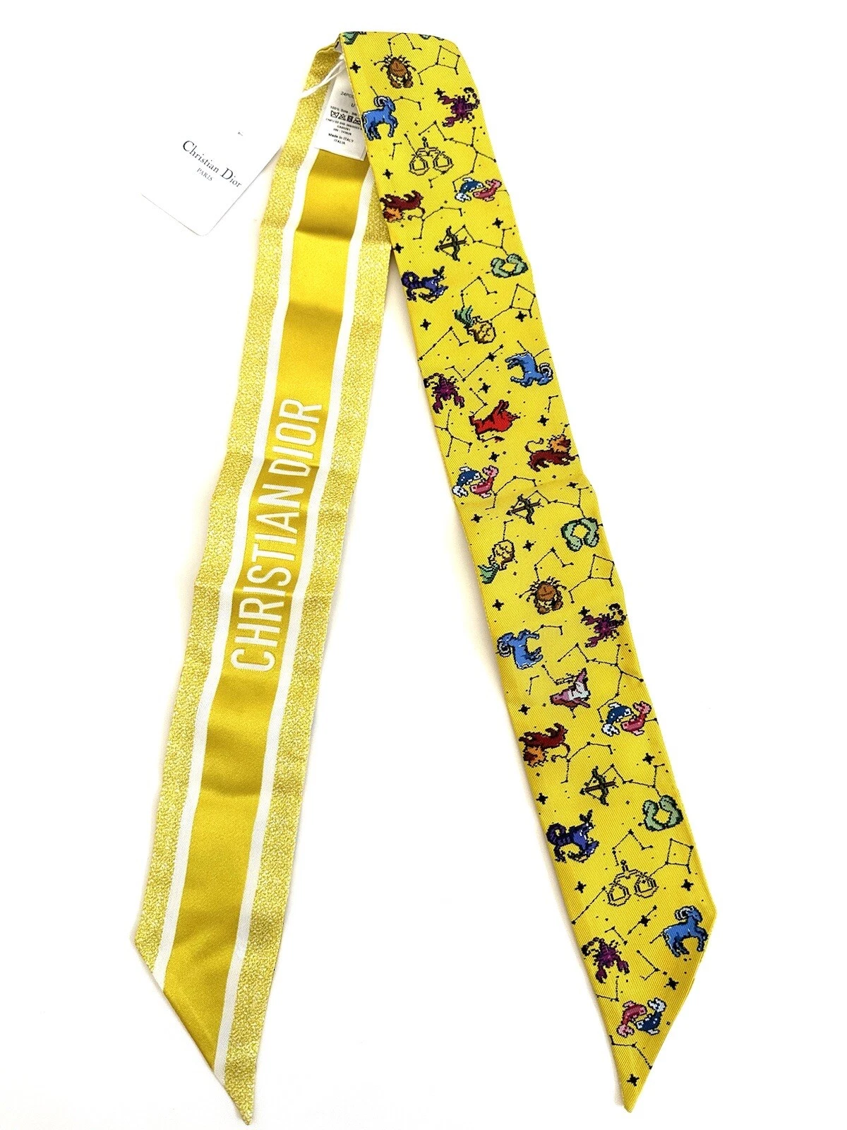 NOUVELLE ÉCHARPE EN SERGÉ SOIE CHRÉTIENNE DIOR JAUNE PIXEL ZODIAC MITZAH AUTHENTIQUE