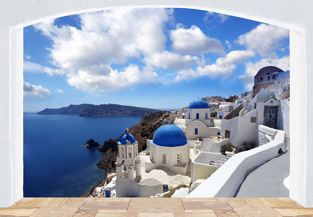 Theme Wallpaper 366x254cm ""Greece seaside scenery view from balcony"" wall mural