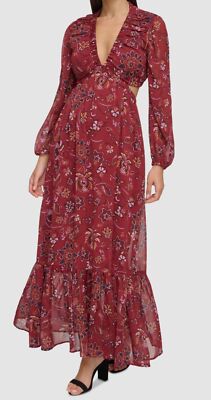 Guess Women's Red Floral-Print Chiffon V Neck Cutout Maxi Dress Size: 6 |  eBay