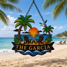 Custom Beach House Tropical Ocean Sunset Metal Sign Coastal Decor Gift