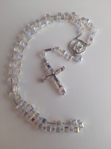 GHIRELLI. Aurora Borealis Crystal Rosary with Iridescent Sterling Silver.