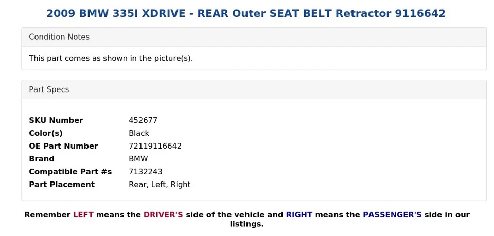 BMW 335I XDRIVE 2009 - retractor de cinturón de seguridad exterior trasero 9116642 Foto 3 de 4