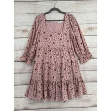 Madewell Mini Dress Women 10 Pink Floral Tiered Puff Sleeve Square Neck NE733