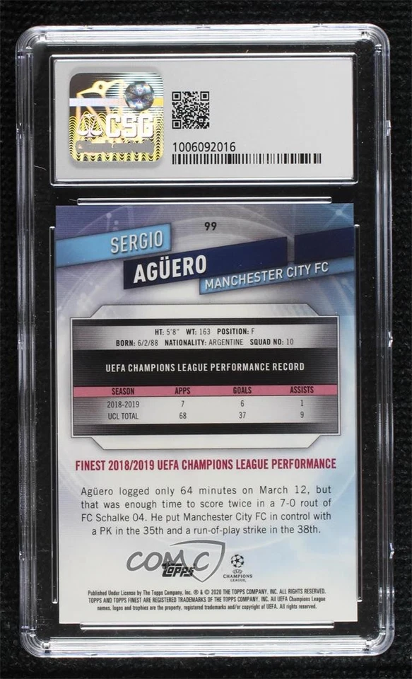 2019-20 Topps Finest UCL Blue Refractor /150 Sergio Aguero Agüero #99 CSG 9 Mint - Image 2 of 2