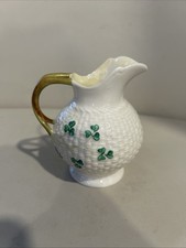 Vintage Belleek Pottery Ireland Shamrock Pattern On Basket Weave Creamer Pitcher