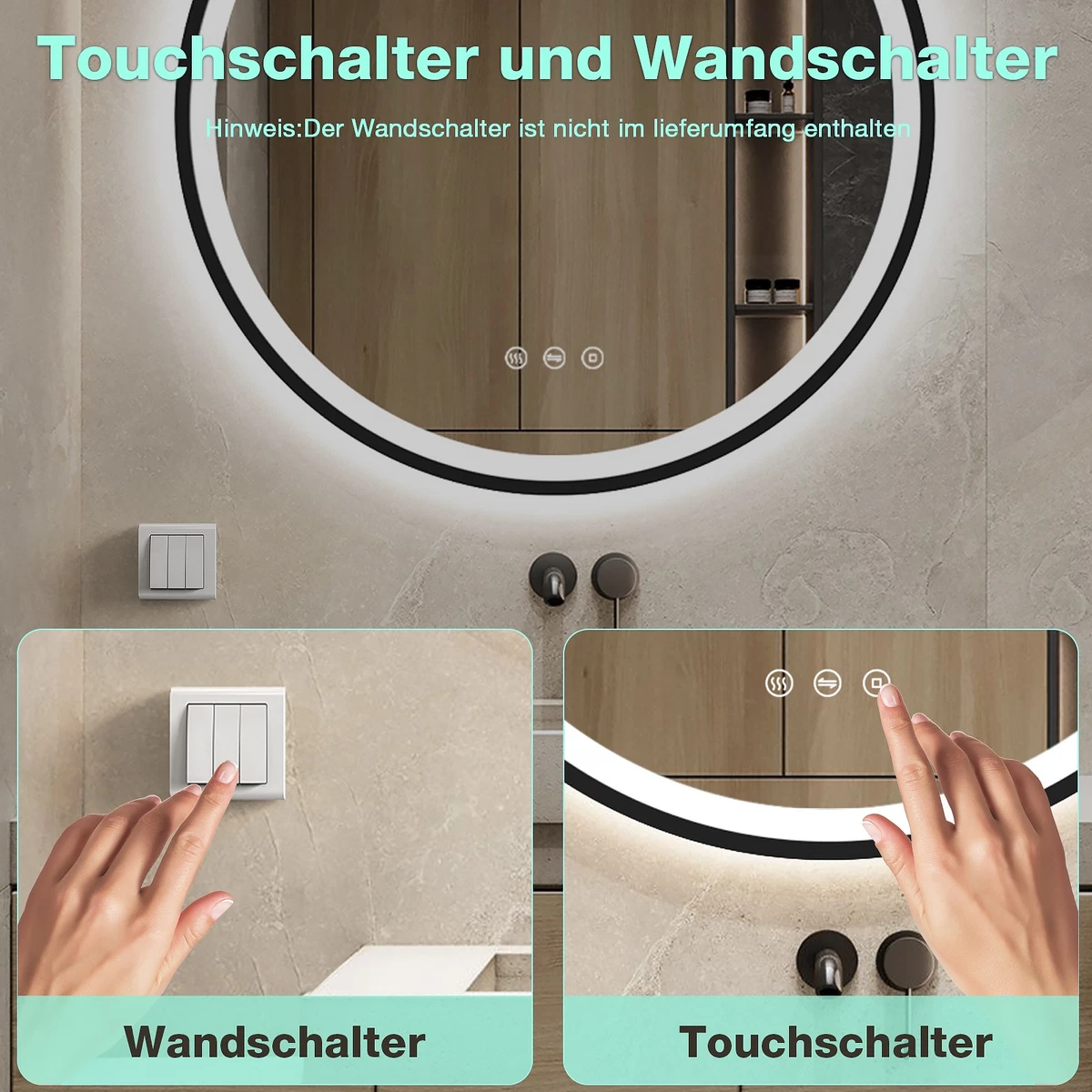 70 cm Runder Badspiegel mit LED-Beleuchtung,3 Lichtfarben,Antibeschlag,Dimmbar