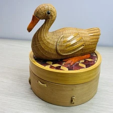 Vintage Handwoven Bamboo Ratan Wicker Duck Container With Holes On Bottom