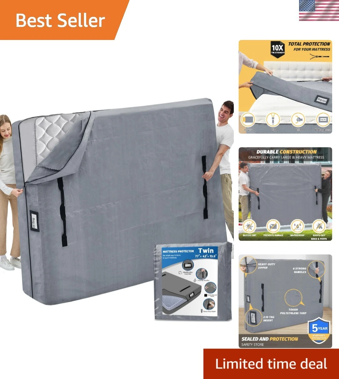 Mattress Bags for Moving and Storage Waterproof Twin Mattress Cover Grey