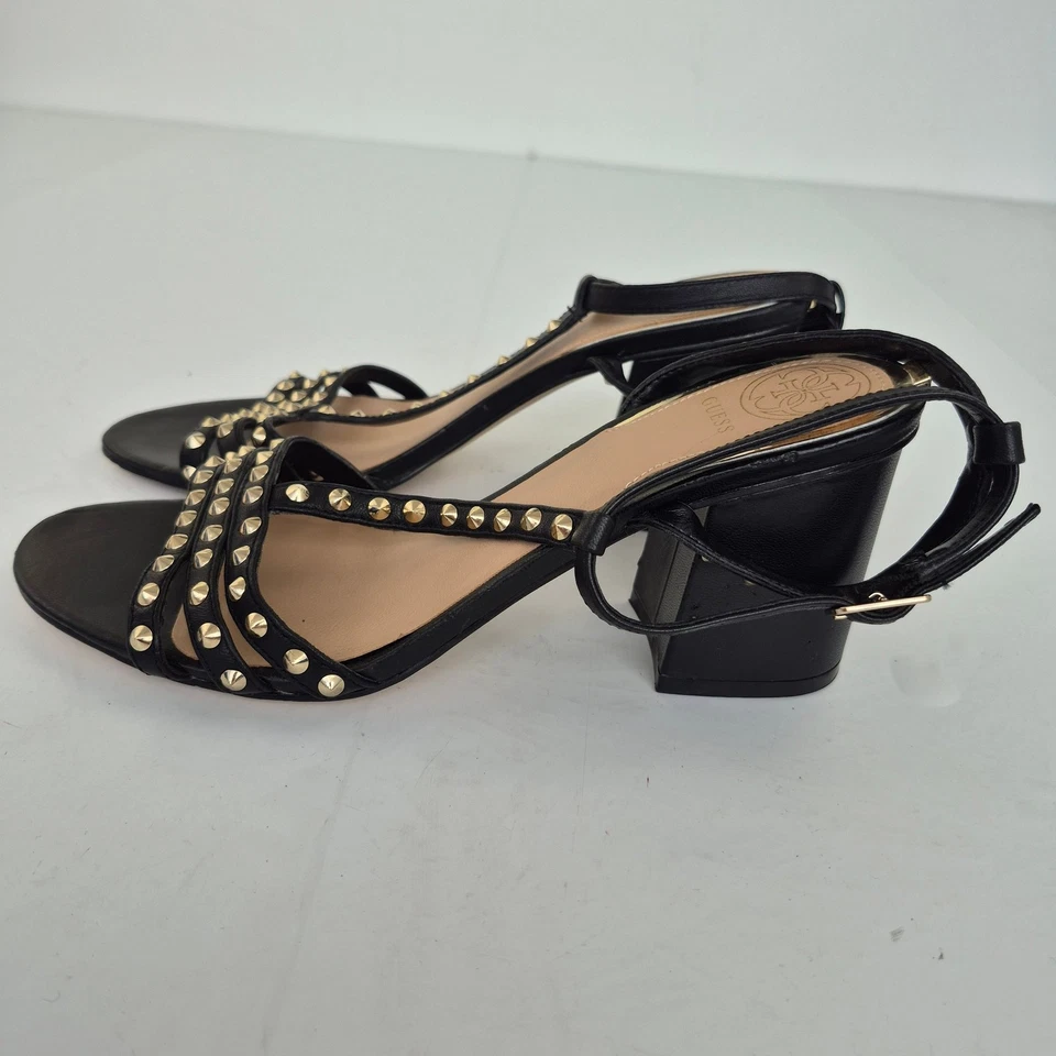 GUESS Tacones Tachonados Negro 5 Negro Oro Tirantes Bloque Fiesta - Imagen 4 de 4