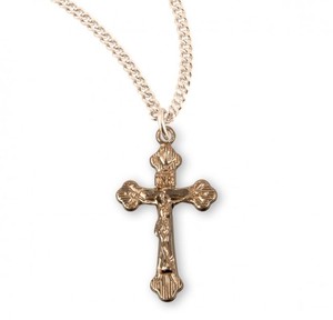 Authentic Flare Tipped Gold Plated Sterling Silver Crucifix Medal Necklace, 18"Chain Boxed