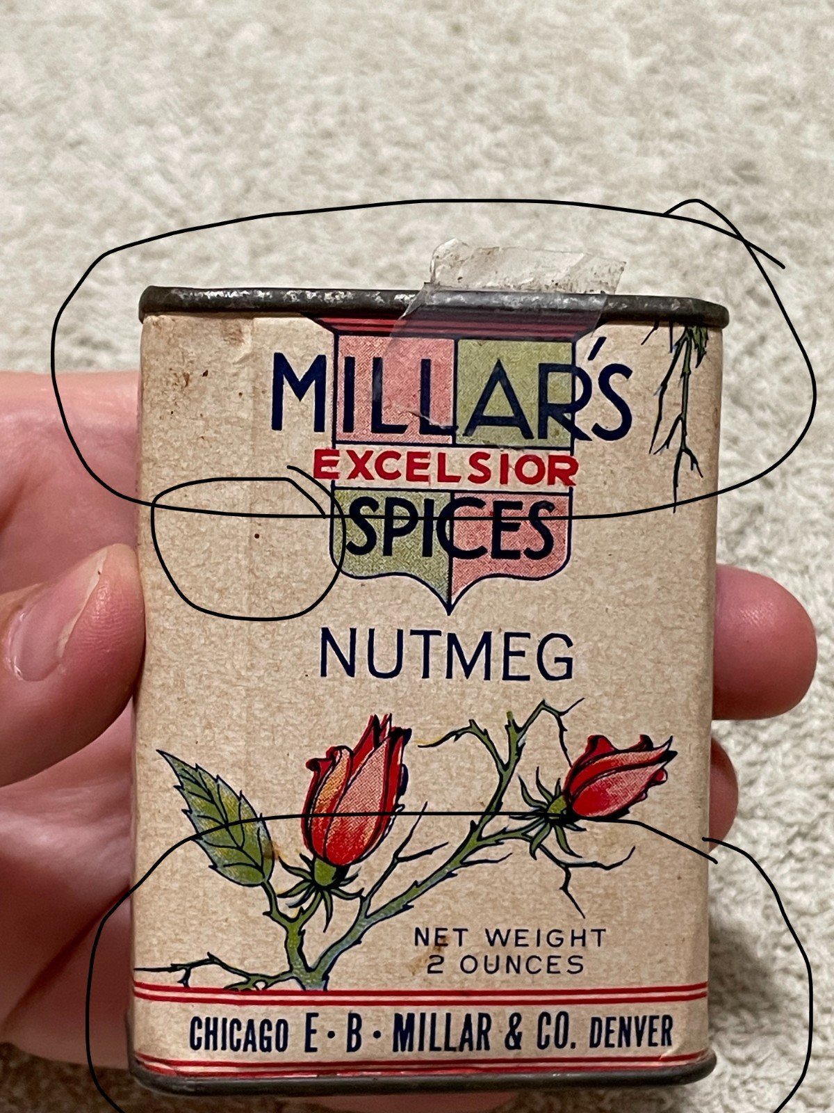 VTG Millar Spice Tin Nutmeg Paper Body Roses 2 ounces Chicago +Denver As is