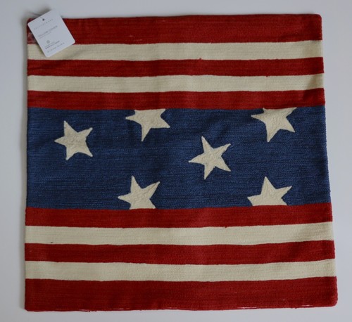New Pottery Barn Flag Embroidered Pillow Cover 18" Square Patriotic 4th of July