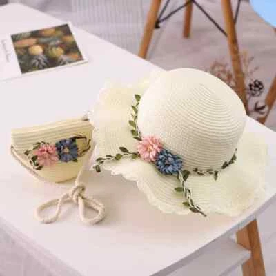 Baby Girls Straw Hat Wide Brim Floppy Sun Hat Beach Cap with Shoulder Bag