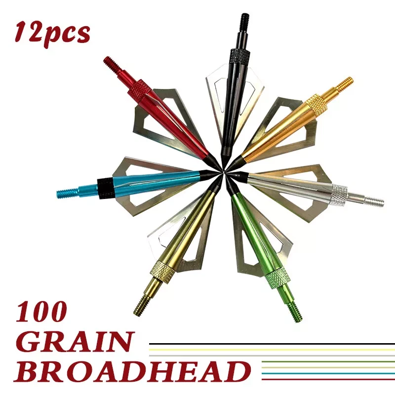 12 Piezas Caza 100 Granos Cabezas Anchas 3 Hojas para Arco Compuesto Ballesta Puntas de Flecha Foto 2 de 4