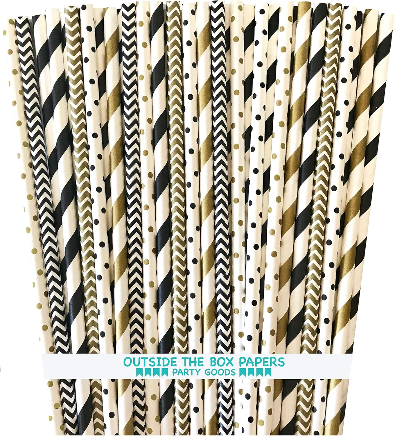 Paper Straws - Black Gold White - Stripe Polka Dot Chevron - 7.75 Inches - 150 P