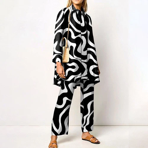 Ladies Two Piece Outfit Long Sleeve Lounge Sets Women Loose Fit Travel Lapel - Picture 11 of 19