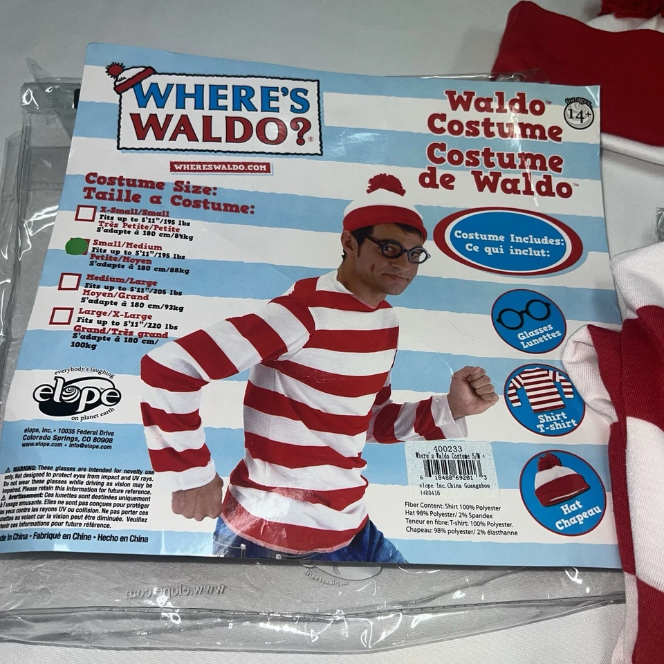 Where's Waldo Disfraz de Halloween Adulto Pequeño Mediano Camisa Sombrero Gafas Hombres Elope Foto 2 de 4