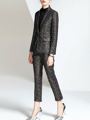 BRAND NEW W TAG!! CLASSY TWEED-LIKE ''PRINT'' JACKET PANTS SET!! SIZE S, BUST 38