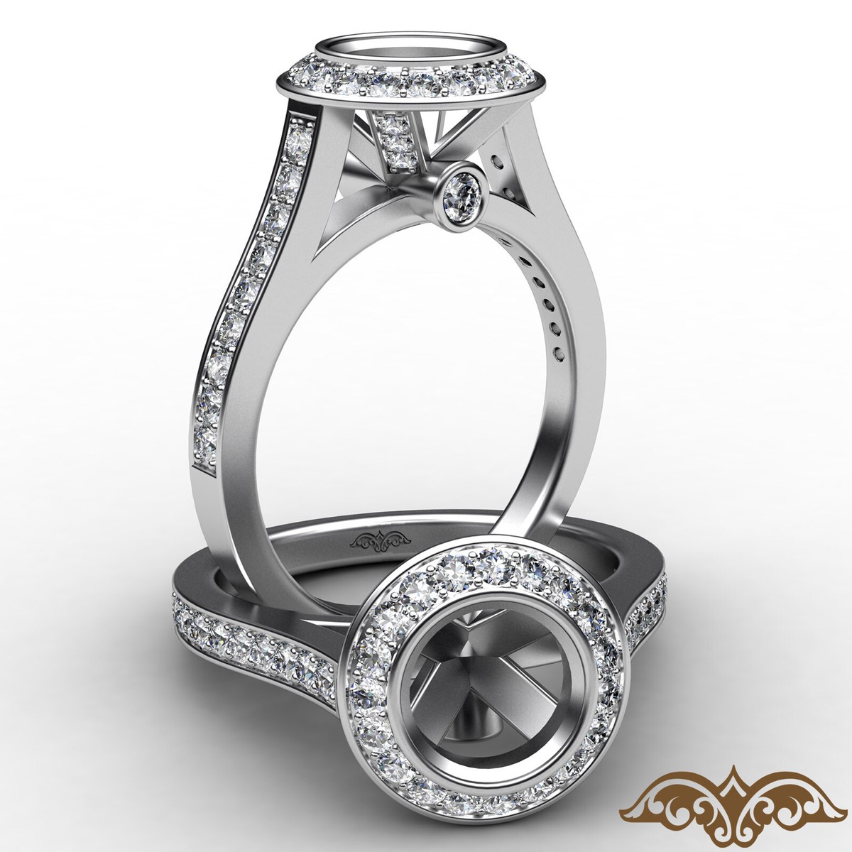 Custom Round Halo Semi Mount Pave Bezel Setting Diamond Engagement Ring 