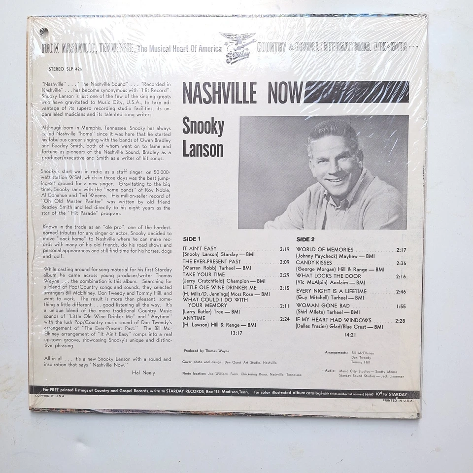 Snooky Lanson "Nashville Now"  Original Starday SLP426 Vinyl LP Open Shrink 1968 - Image 2 of 4