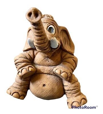 Alpha Rez Co. Wood Resin Elephant Figurine Trunk Up Sit Signed 1983 Whimsical