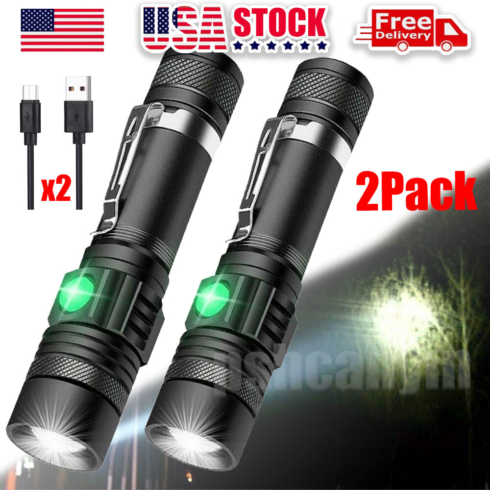 2-Pack 99000LM Super Bright Zoomable LED Tactical Flashlight with Battery
