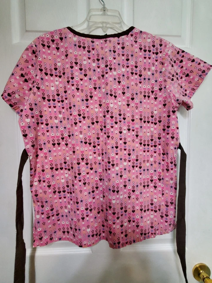 UA Scrubs Scrub Top size M~Pink/Black Hearts/Stars-Chest 22"/L 26" - Image 2 of 4