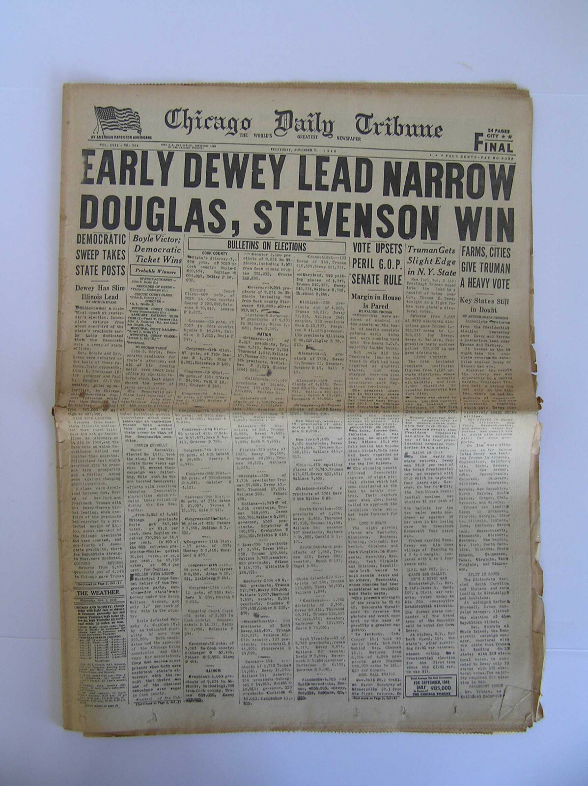 Early Dewey Lead Narrow / Dewey Defeats Truman 1948 Chicago Tribune  Newspaper | eBay