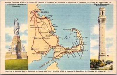 1930s CAPE COD Massachusetts Linen Map Postcard Pilgrim Monument Provincetown