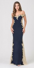 Navy blue/ Gold Off the Shoulder Long Prom Dress with Lace Trim