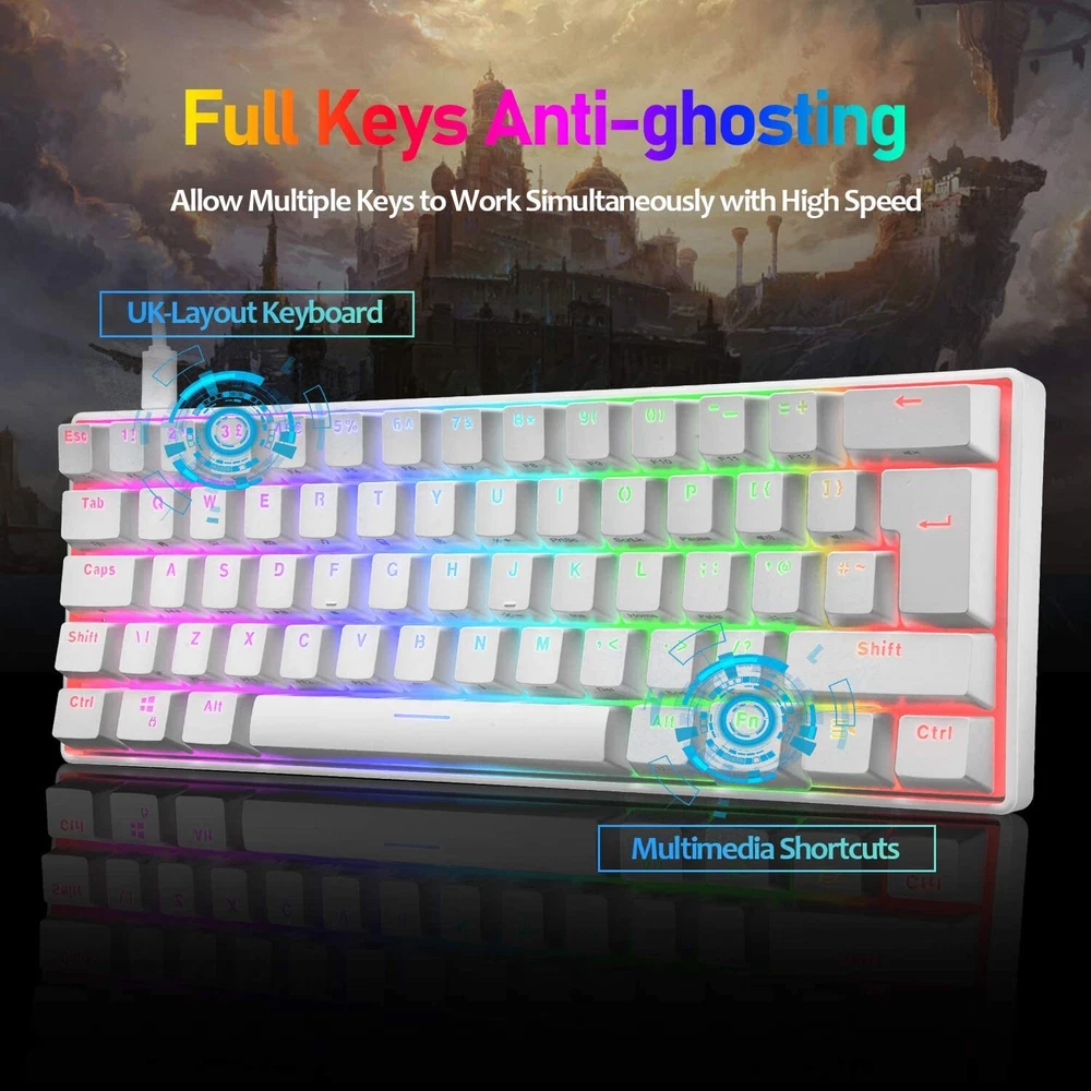 Compact 62-Key Wired Mechanical RGB Gaming Keyboard Compatible with PS4