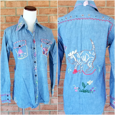 Vintage Hand Embroidered Levi Denim Blue Jean 70's Shirt