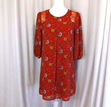 Skies Are Blue Petite XS red floral shift dress 3/4 Sleeve Round neck lace Pleat
