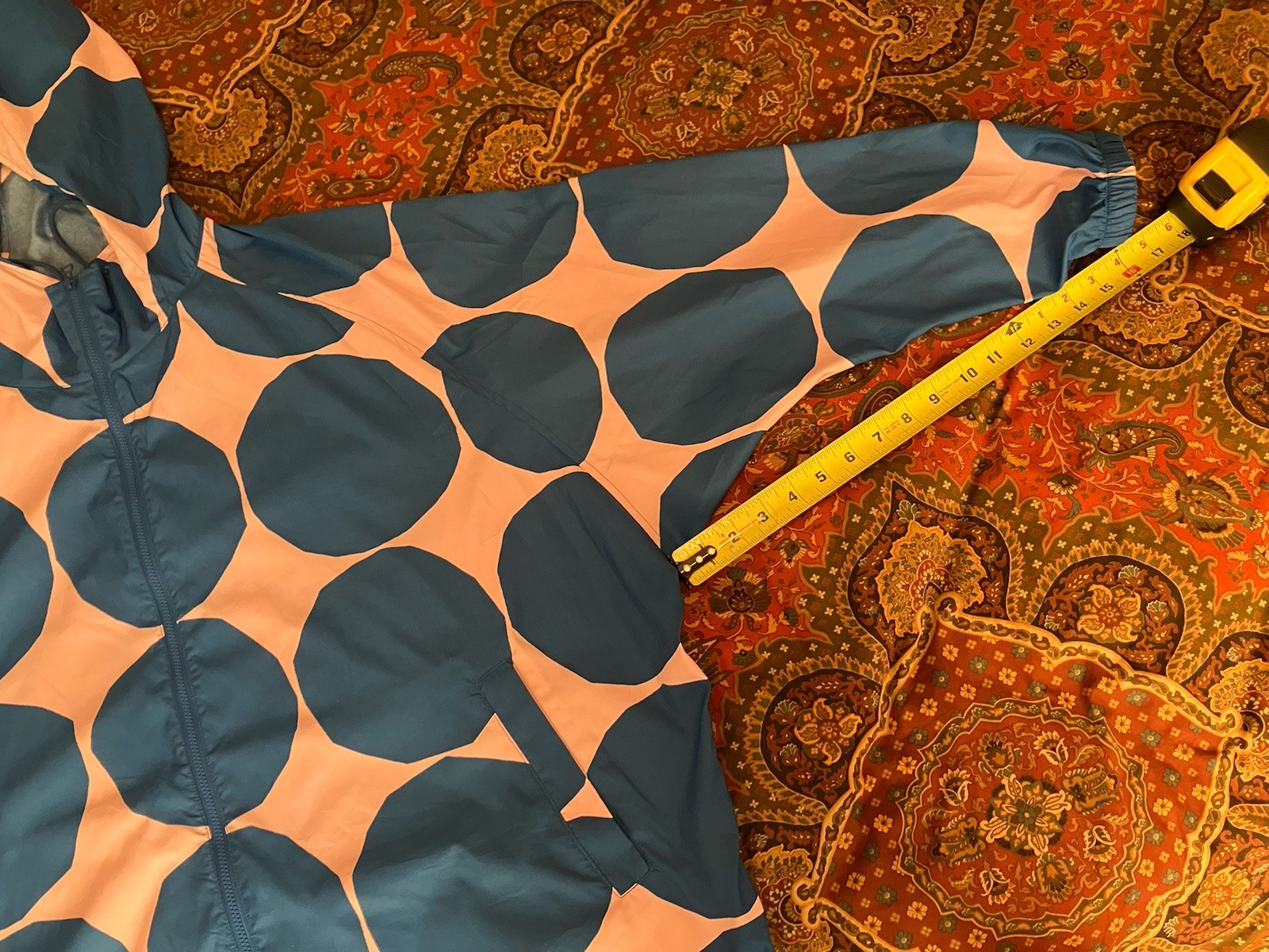 Marimekko Uniqlo Large Dot Jacket Wind Breaker Blue Pink Hood Zip Front XL thumbnail 15