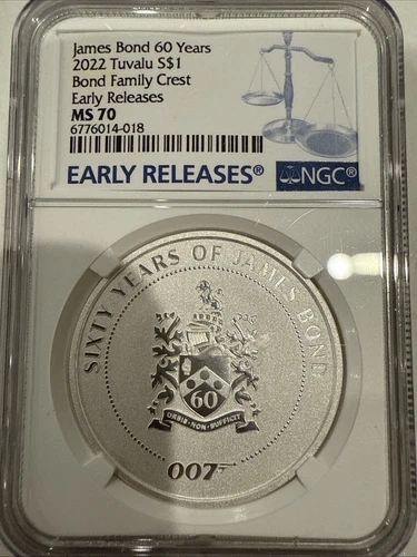 2022 Tuvalu 1oz Silver 60 Years James Bond Family Crest Coin NGC MS70 ER