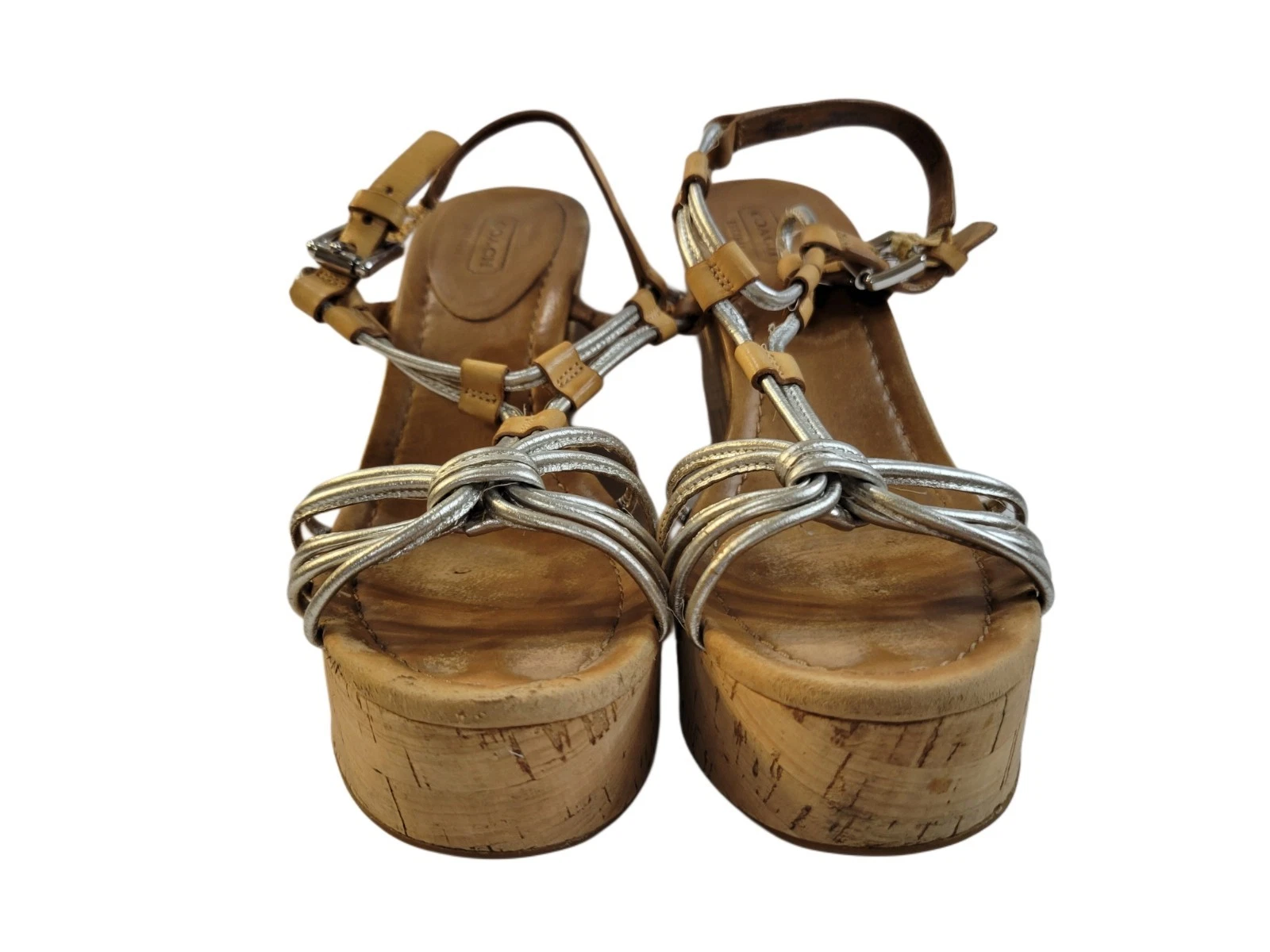 Scarpe sandalo donna Coach Georgiana argento marrone pelle sughero plateau zeppa 7 5