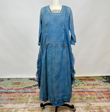 Vintage 1920s Art Deco Cotton Printed Dress Drop Waist Blue with Slip AS IS