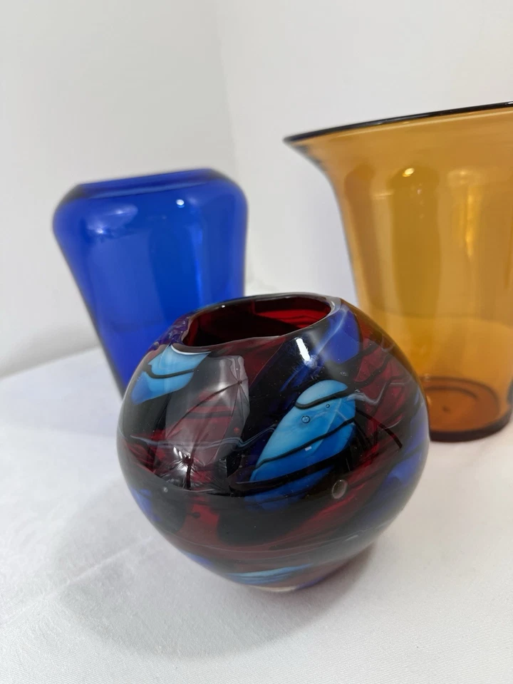 Juego de 3: cuenco y estuches de cristalería artística azul amarillo y rojo Foto 4 de 4