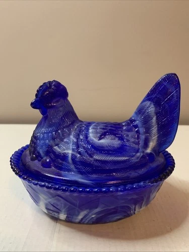 VTG Westmoreland MILK GLASS Blue Hen Chick On Nest Candy Dish SLAG GLASS RARE!