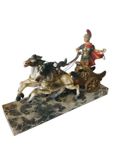 Roman Fontanini Italy Roman Soldier Chariot Marble Base Figurine Horse Sculpture - Bild 1 von 8
