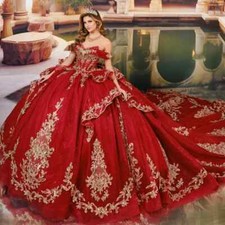 Red Quinceanera Dress Ball Gown Gold Lace Applique Beading Tiered Sweet 16
